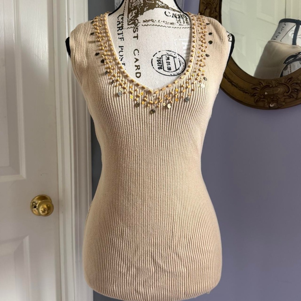 Villager Cream beaded tank top with gold beads and sequins along the neckline